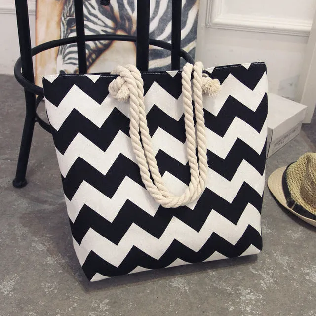 Canvas Bohemian Style Striped Shoulder Beach Bag
