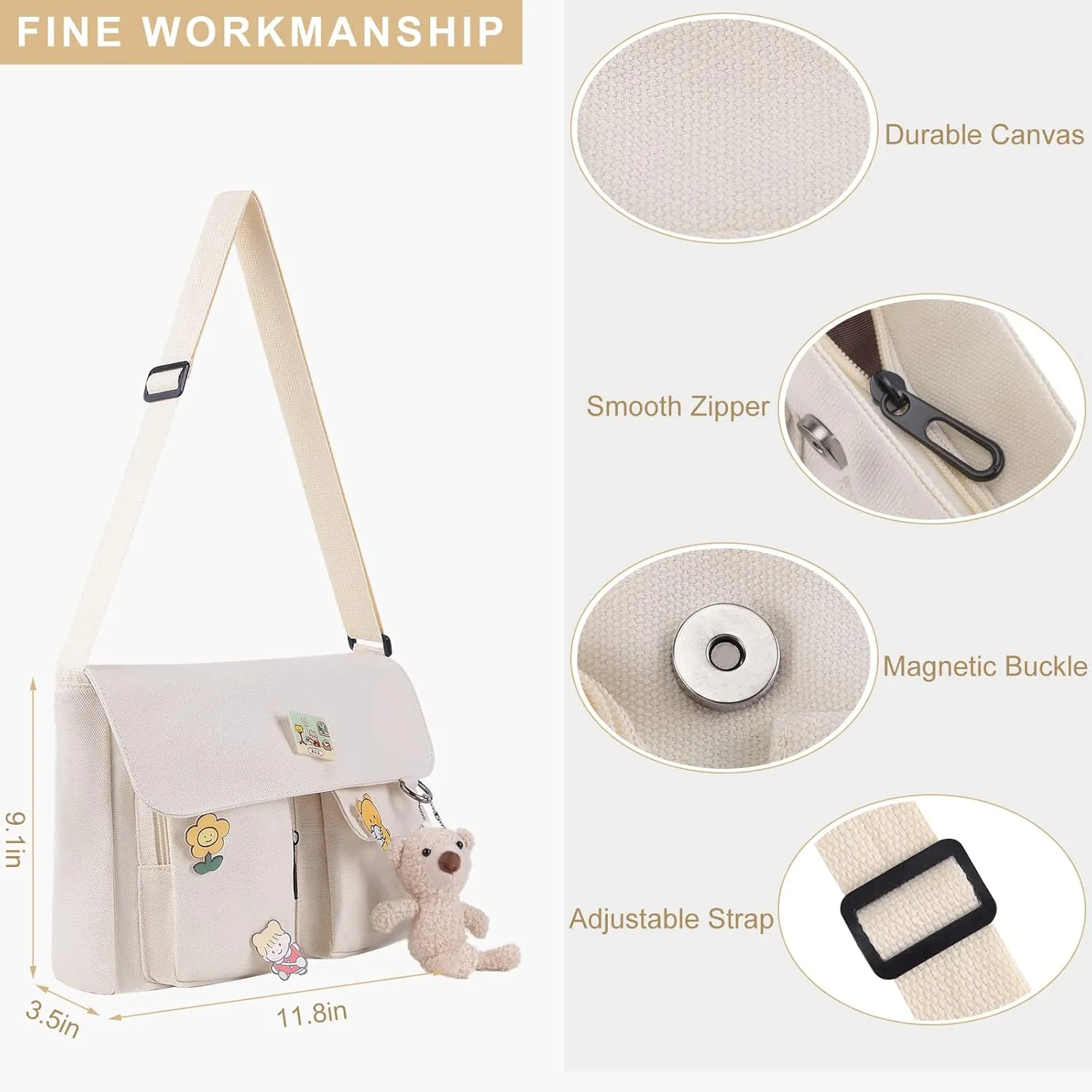 Canvas Crossbody Bag with Kawaii Pins and Pendent for Women Girls Casual Shoulder Messenger Bag Students Schoolbag