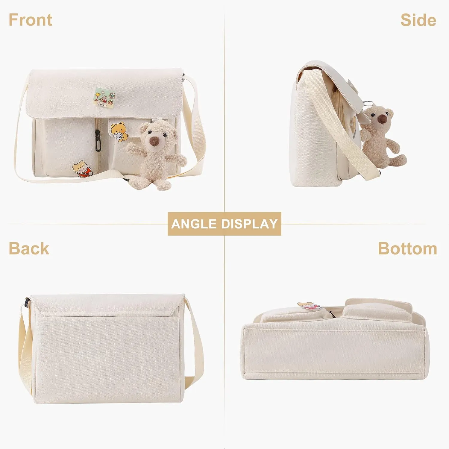 Canvas Crossbody Bag with Kawaii Pins and Pendent for Women Girls Casual Shoulder Messenger Bag Students Schoolbag