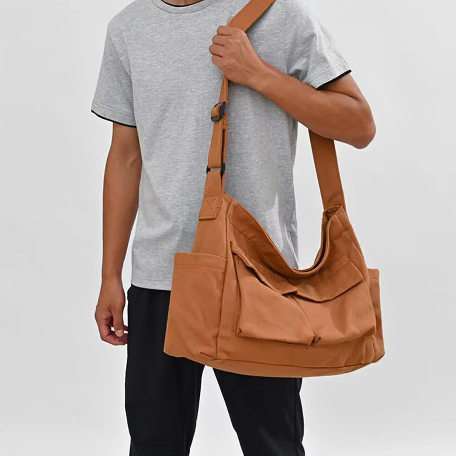 Canvas Messenger Bag Large Crossbody Bag with Multiple Pockets Casual Shoulder Aesthetic Tote Bag for Women and Men