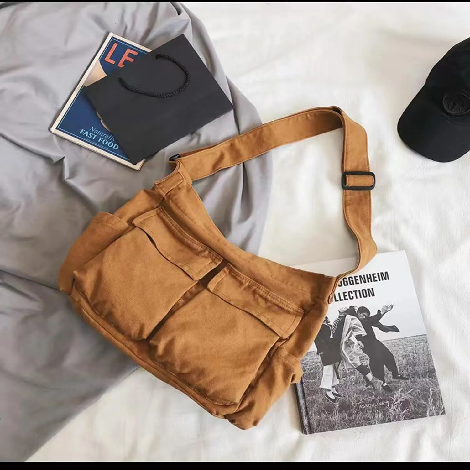 Canvas Messenger Bag Large Crossbody Bag with Multiple Pockets Casual Shoulder Aesthetic Tote Bag for Women and Men