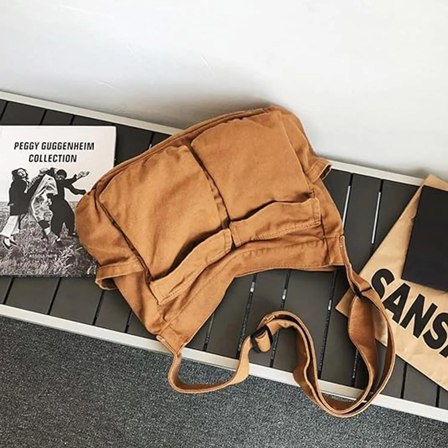 Canvas Messenger Bag Large Crossbody Bag with Multiple Pockets Casual Shoulder Aesthetic Tote Bag for Women and Men