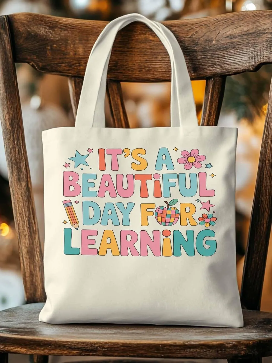 Canvas Tote Bag Beautiful Day Flower Reusable Grocery Shopping Bags with Handle, Positive Words Large Canvas