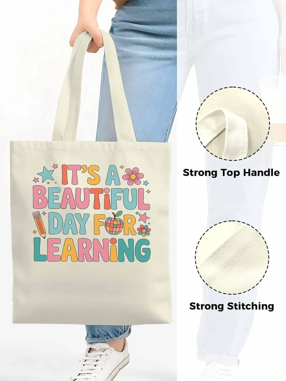 Canvas Tote Bag Beautiful Day Flower Reusable Grocery Shopping Bags with Handle, Positive Words Large Canvas