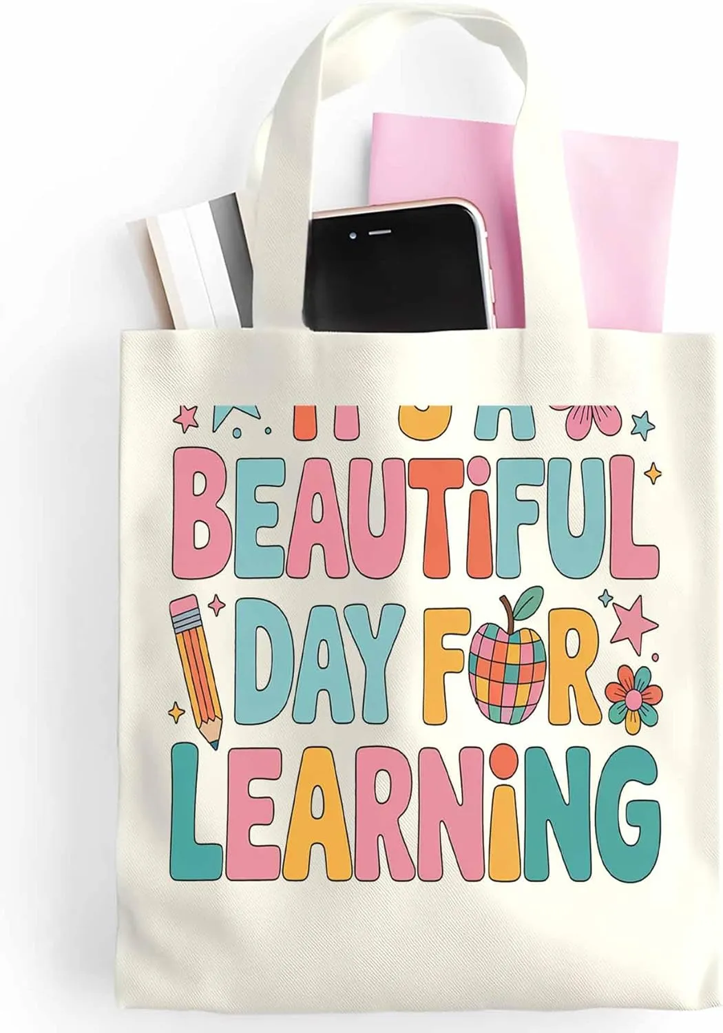 Canvas Tote Bag Beautiful Day Flower Reusable Grocery Shopping Bags with Handle, Positive Words Large Canvas