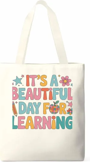 Canvas Tote Bag Beautiful Day Flower Reusable Grocery Shopping Bags with Handle, Positive Words Large Canvas