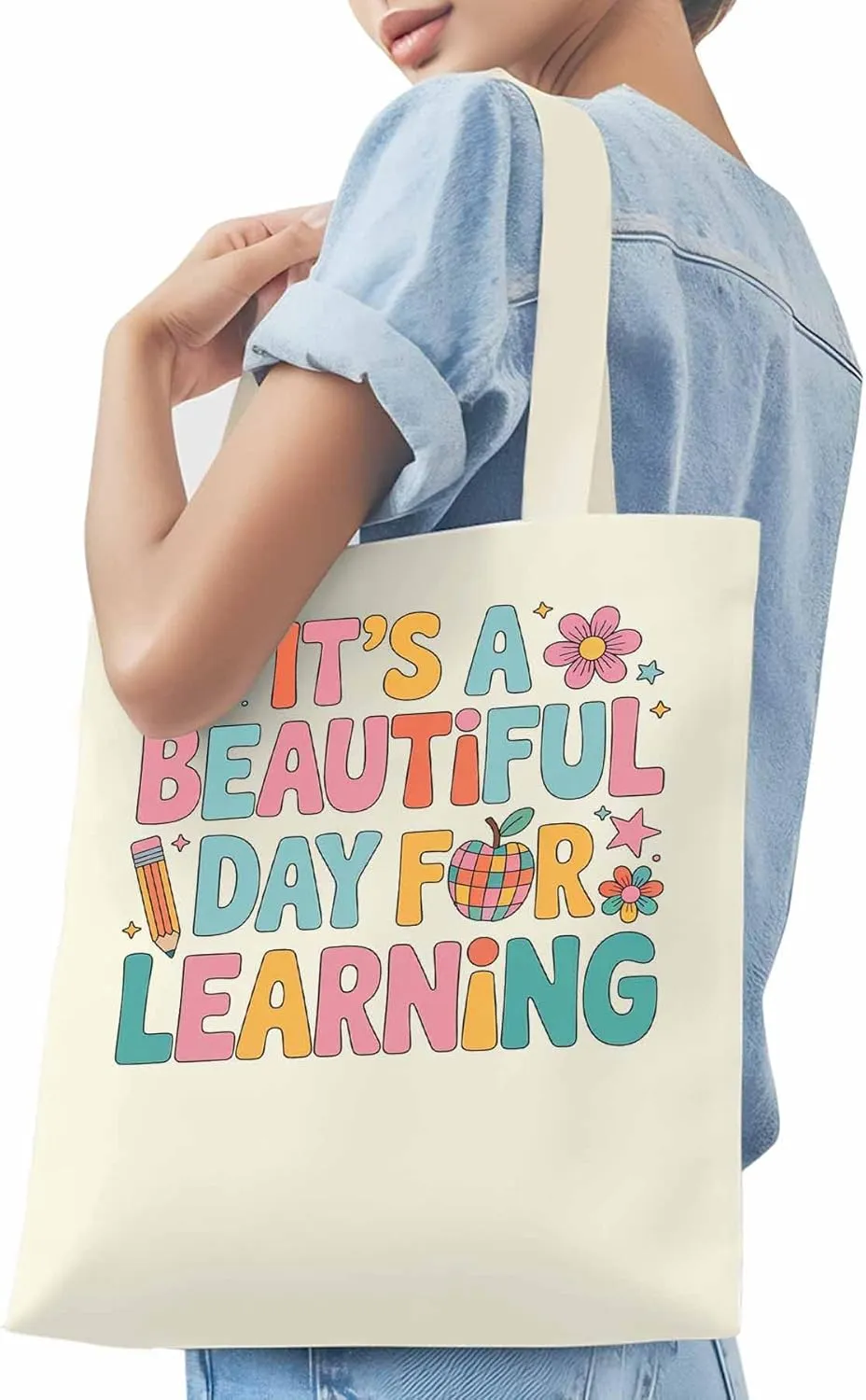 Canvas Tote Bag Beautiful Day Flower Reusable Grocery Shopping Bags with Handle, Positive Words Large Canvas