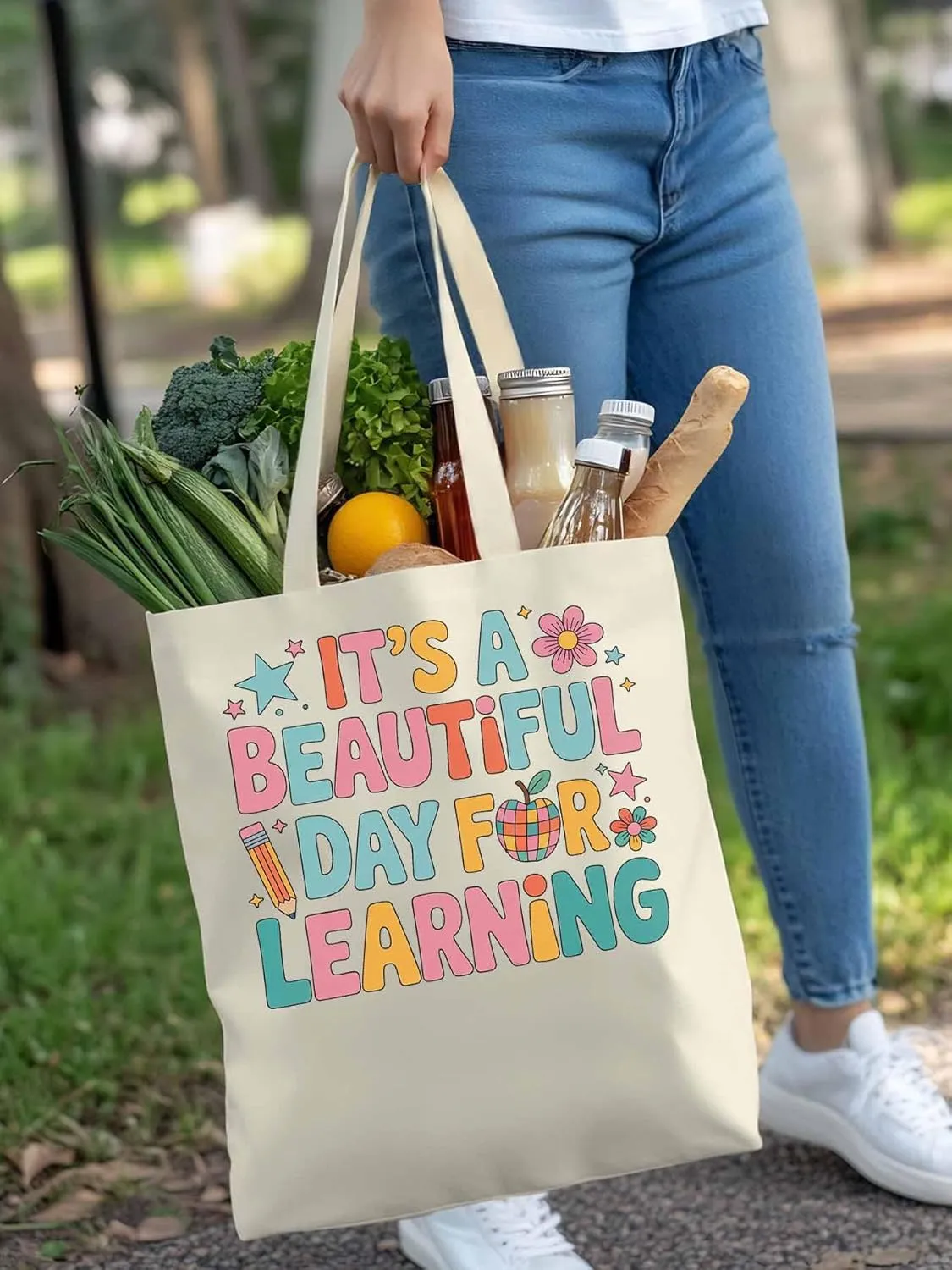 Canvas Tote Bag Beautiful Day Flower Reusable Grocery Shopping Bags with Handle, Positive Words Large Canvas