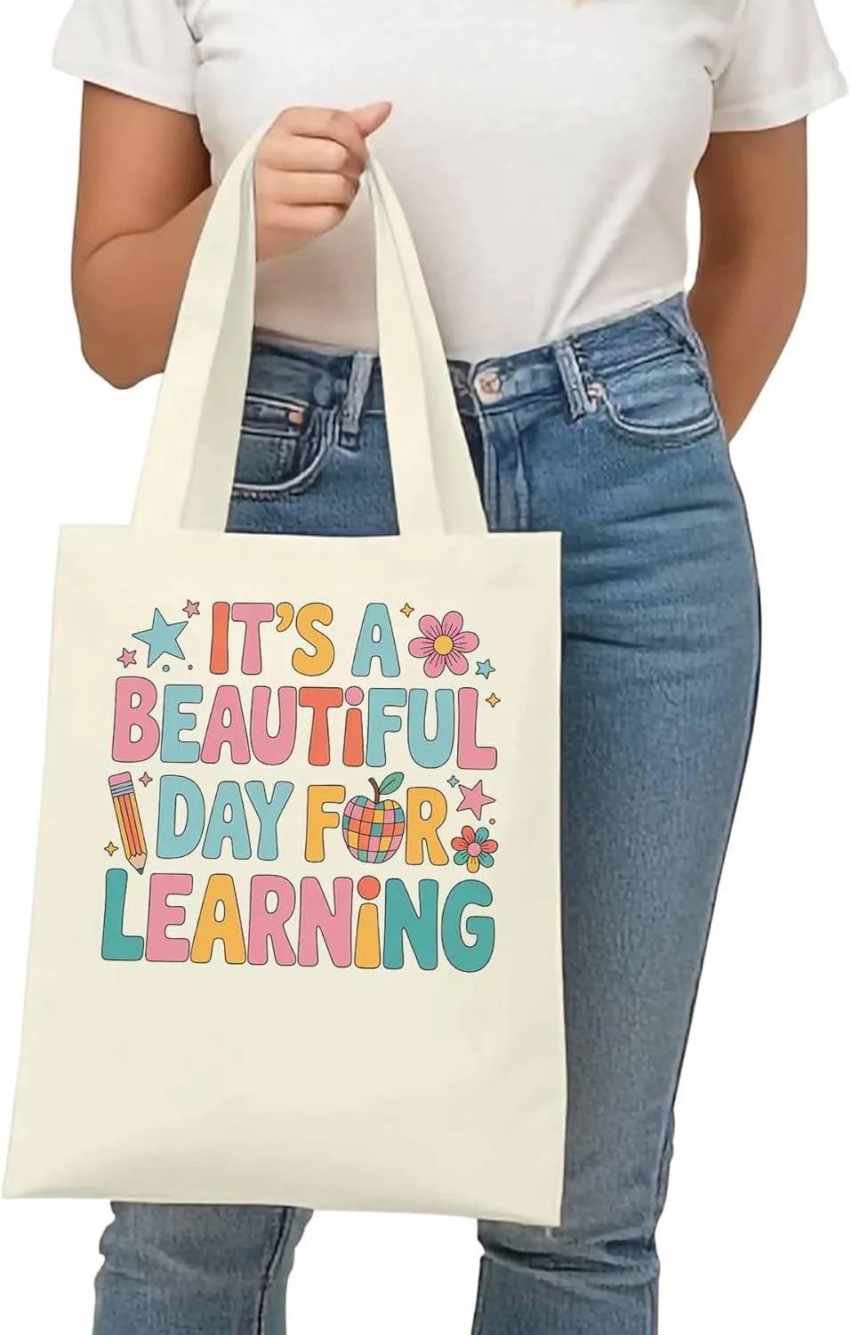 Canvas Tote Bag Beautiful Day Flower Reusable Grocery Shopping Bags with Handle, Positive Words Large Canvas