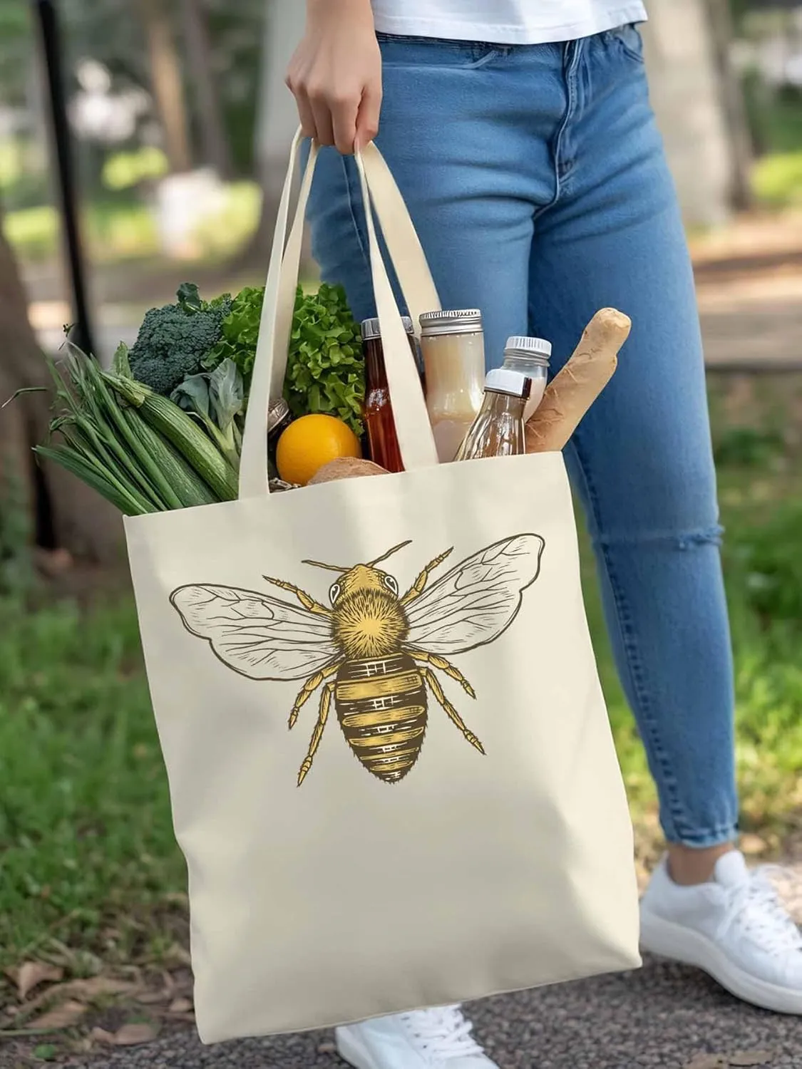 Canvas Tote Bag Bumble Bee Reusable Grocery Shopping Bags with Handle, Animal Large Canvas
