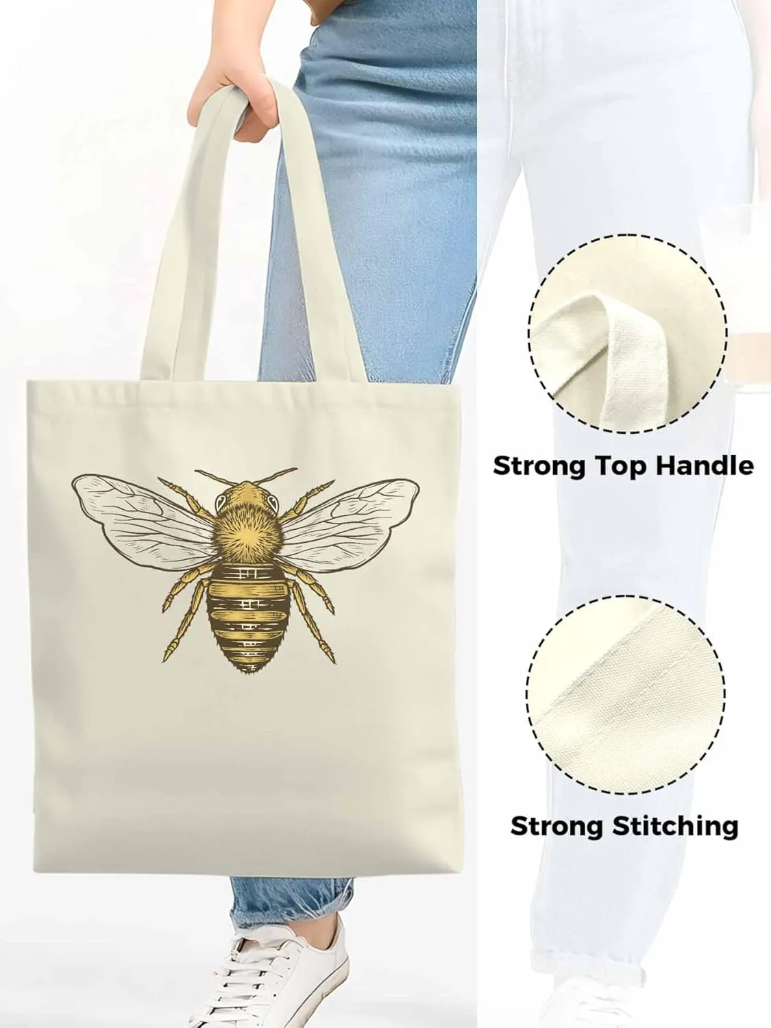 Canvas Tote Bag Bumble Bee Reusable Grocery Shopping Bags with Handle, Animal Large Canvas