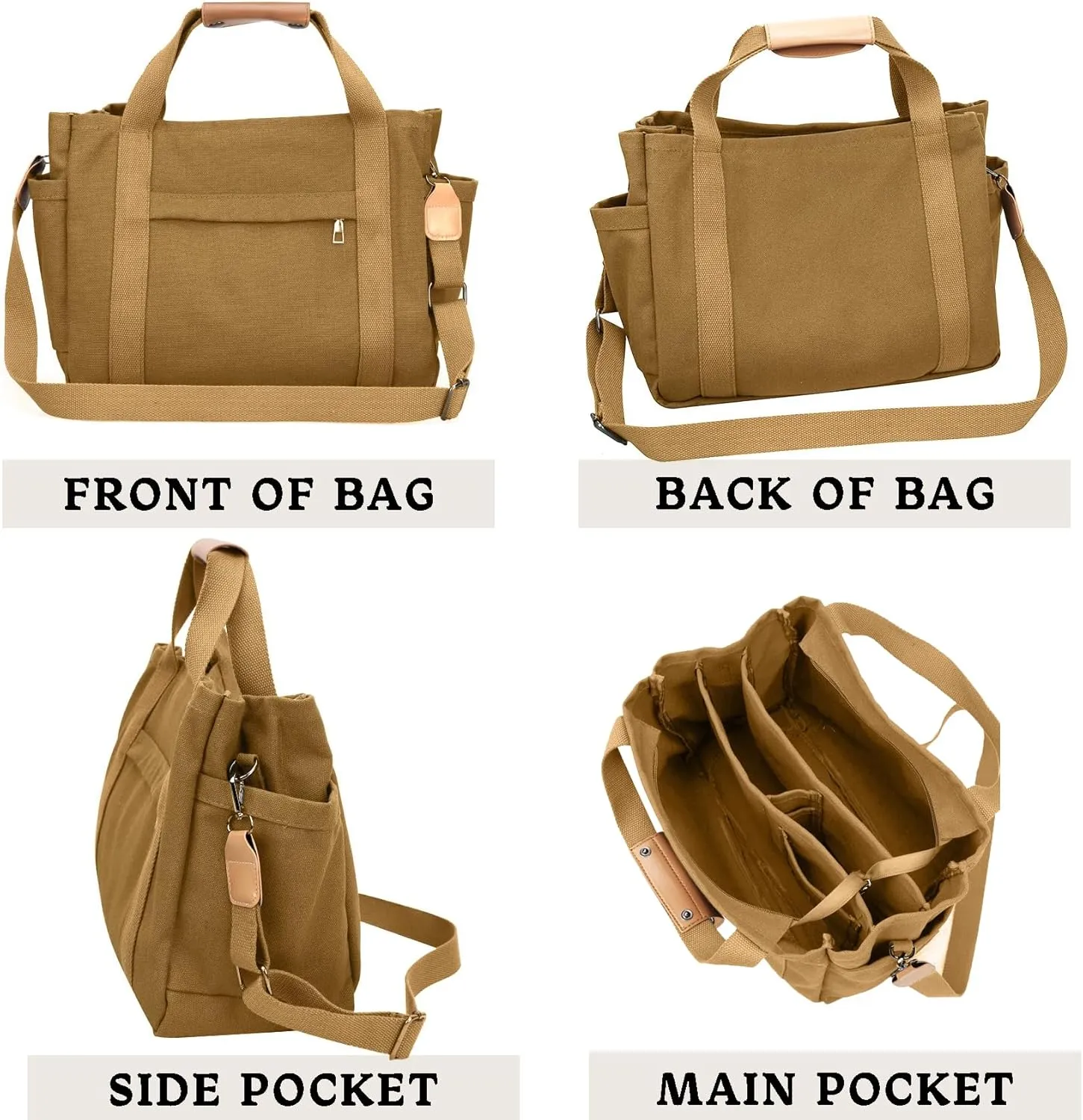 Canvas Tote Bag for Women with Multi Pockets, Crossbody Shoulder Bags Mommy Purse Messenger Handbag for Work Travel