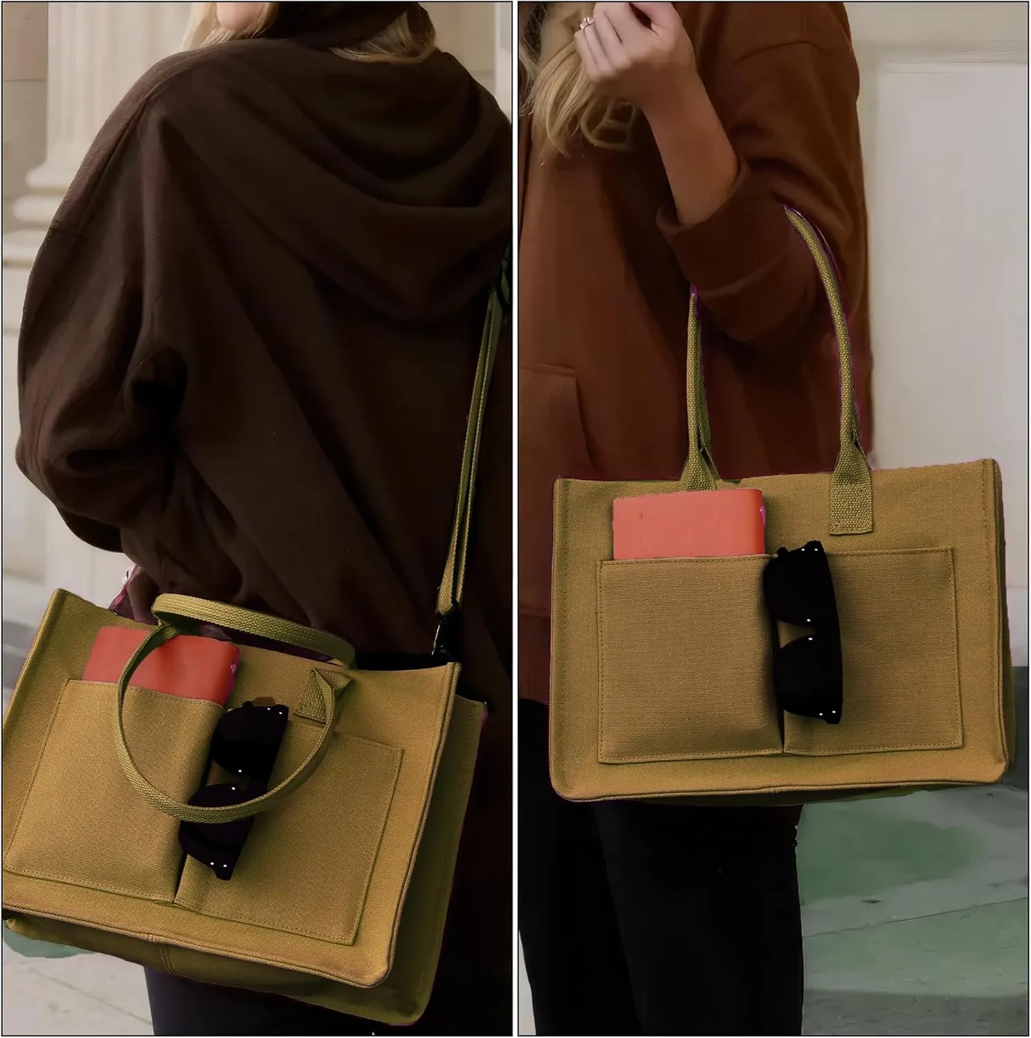 Canvas Tote Bag Shoulder Handbags with Zipper Work Bags for Women Crossbody Bags Tote Bag with Compartments for Work