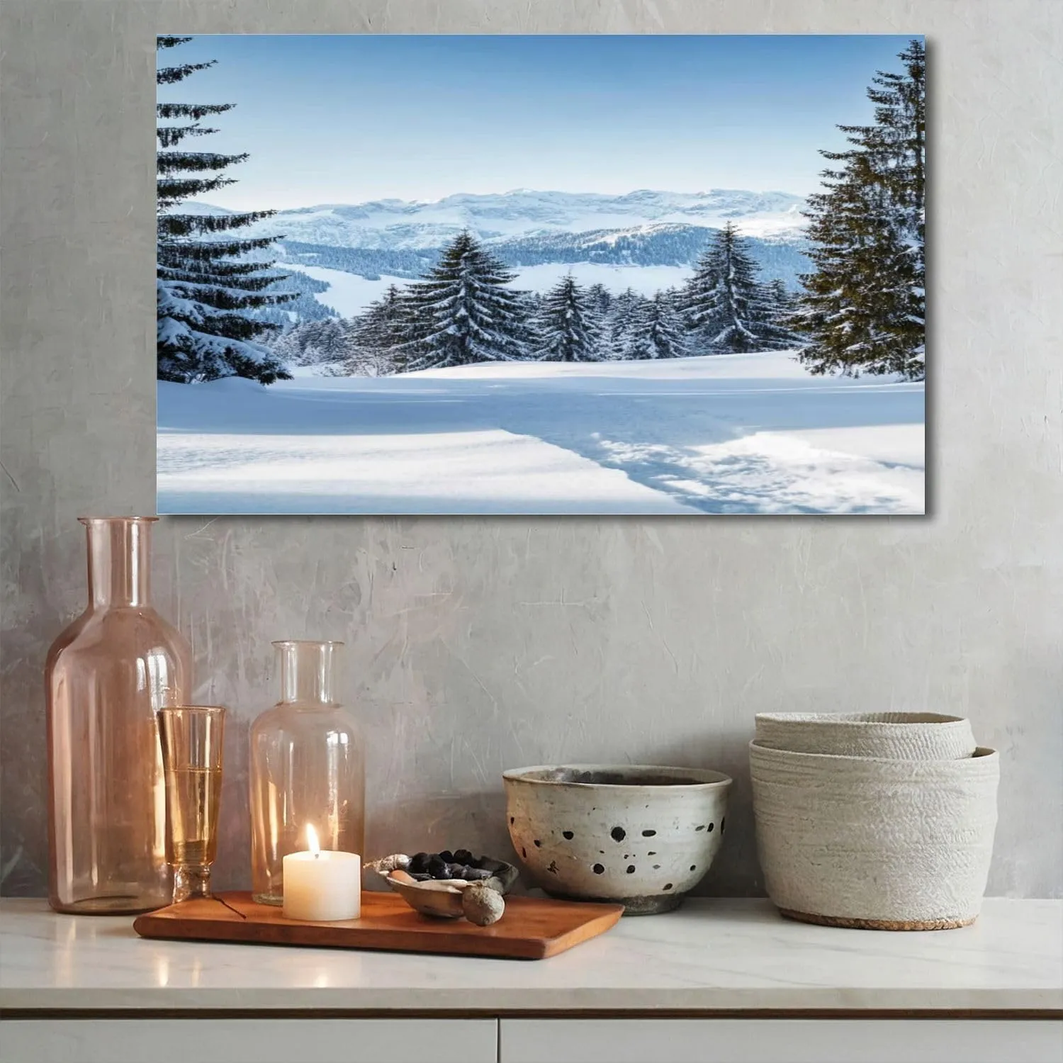 Canvas Wall Art Beautiful winter mountain landscape snow tracks to alpine hut Large Poster Artwork Framed Prints Modern Wall Decor for Living Room Bedroom Restaurant Ready to Hang 20 x 32