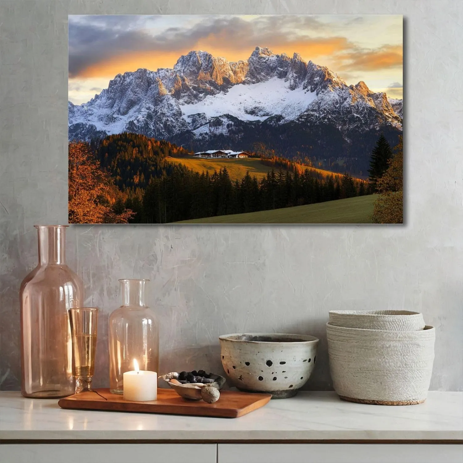 Canvas Wall Art Sunrise Idyllic alpine scenery farmhouse front Wilder Large Poster Artwork Framed Prints Modern Wall Decor for Living Room Bedroom Restaurant Ready to Hang 20 x 32