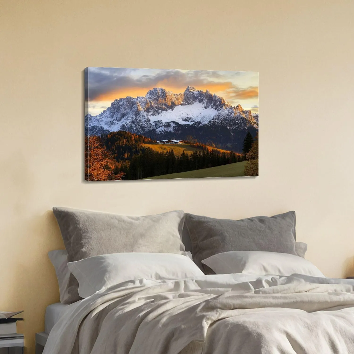 Canvas Wall Art Sunrise Idyllic alpine scenery farmhouse front Wilder Large Poster Artwork Framed Prints Modern Wall Decor for Living Room Bedroom Restaurant Ready to Hang 20 x 32