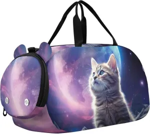 Cat on The Moon Duffle Bag for Girl, Sports Duffle Gym Bags with Shoe Compartment, Personalized Overnight Bag Travel Weekender for Kids