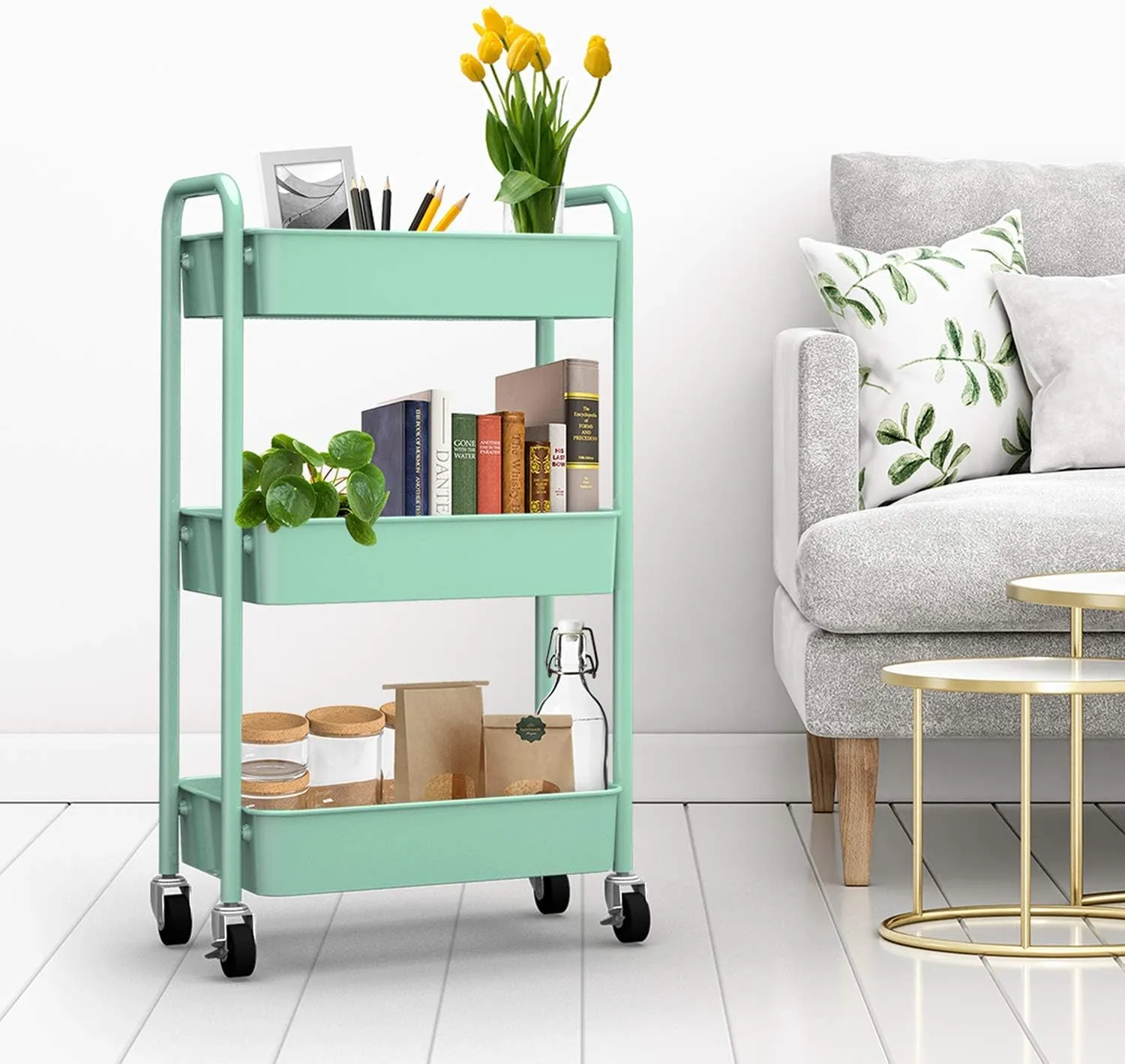 CAXXA 3-Tier Rolling Metal Storage Organizer - Mobile Utility Cart, Kitchen Cart with Caster Wheels (Aqua Green)