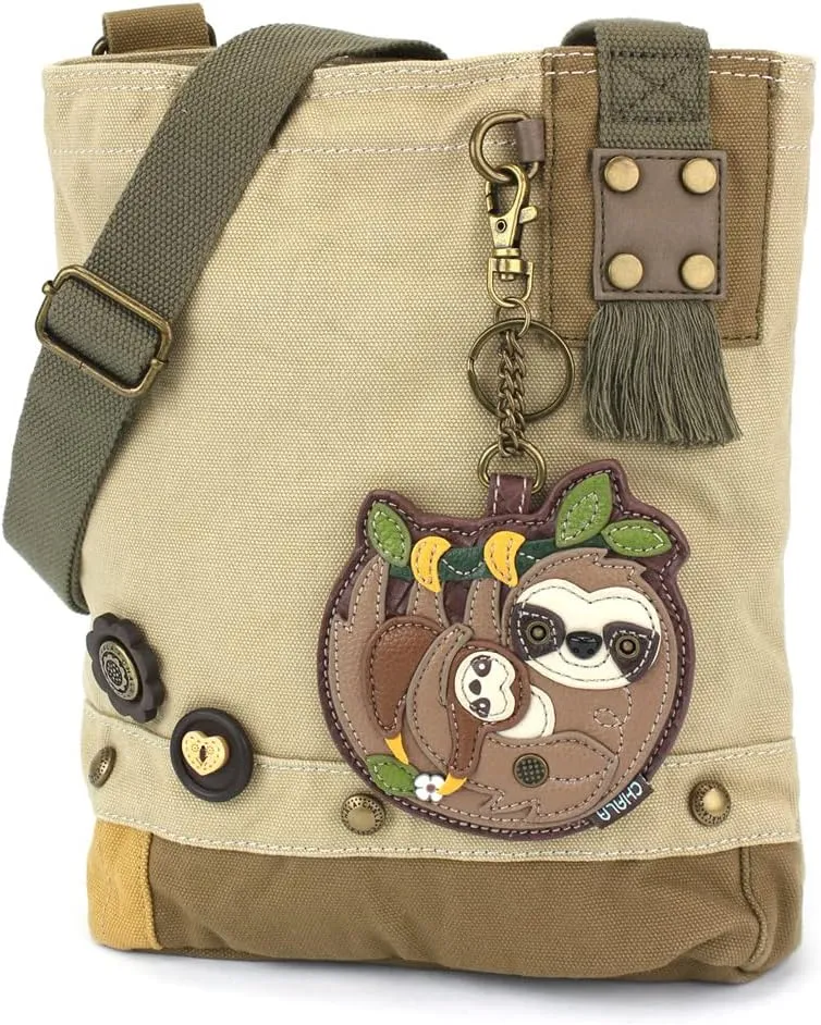 CHALA Patch Cross-Body Women Handbag, Canvas Messenger Bag - Sloth Family - Sand