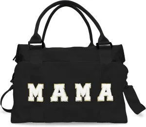 Chenille Letter Duffle Bag, Mama Bag With Patches, Nylon Chenille Letter Embroidered Travel Bag, Lightweight Adjustable Mom Hospital Bag With Zipper for Mothers Day Gifts (Black)