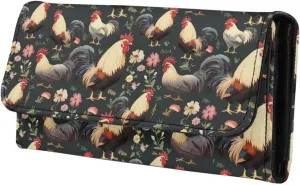Chicken Rooster Floral Long Wallet for Women PU Leather Slim Billfold Wallets, Countryside Chickens Checkbook Purse Zipper Credit Card Holder Clutch