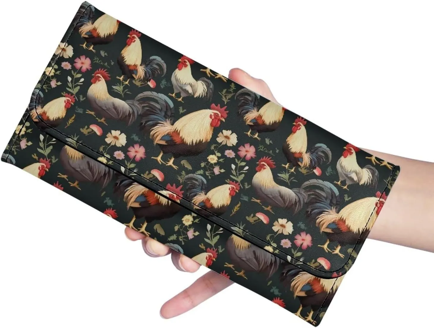 Chicken Rooster Floral Long Wallet for Women PU Leather Slim Billfold Wallets, Countryside Chickens Checkbook Purse Zipper Credit Card Holder Clutch