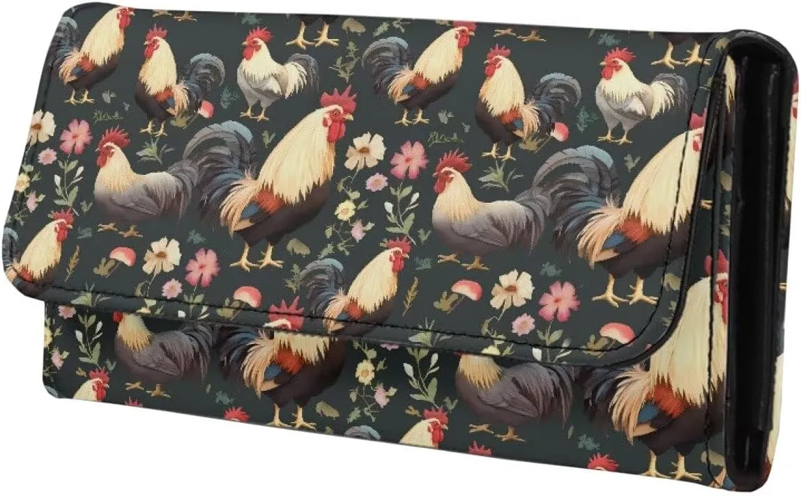 Chicken Rooster Floral Long Wallet for Women PU Leather Slim Billfold Wallets, Countryside Chickens Checkbook Purse Zipper Credit Card Holder Clutch