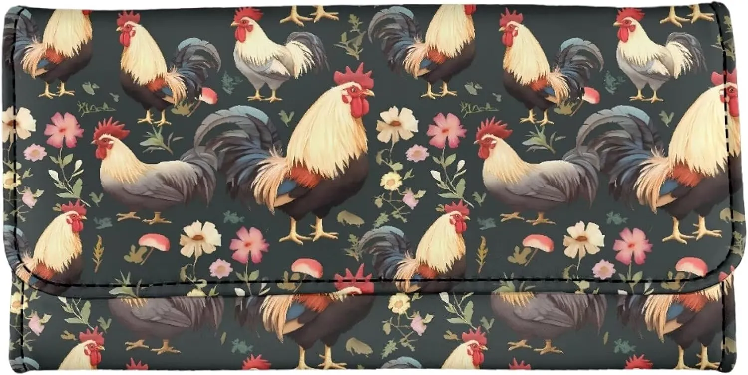 Chicken Rooster Floral Long Wallet for Women PU Leather Slim Billfold Wallets, Countryside Chickens Checkbook Purse Zipper Credit Card Holder Clutch