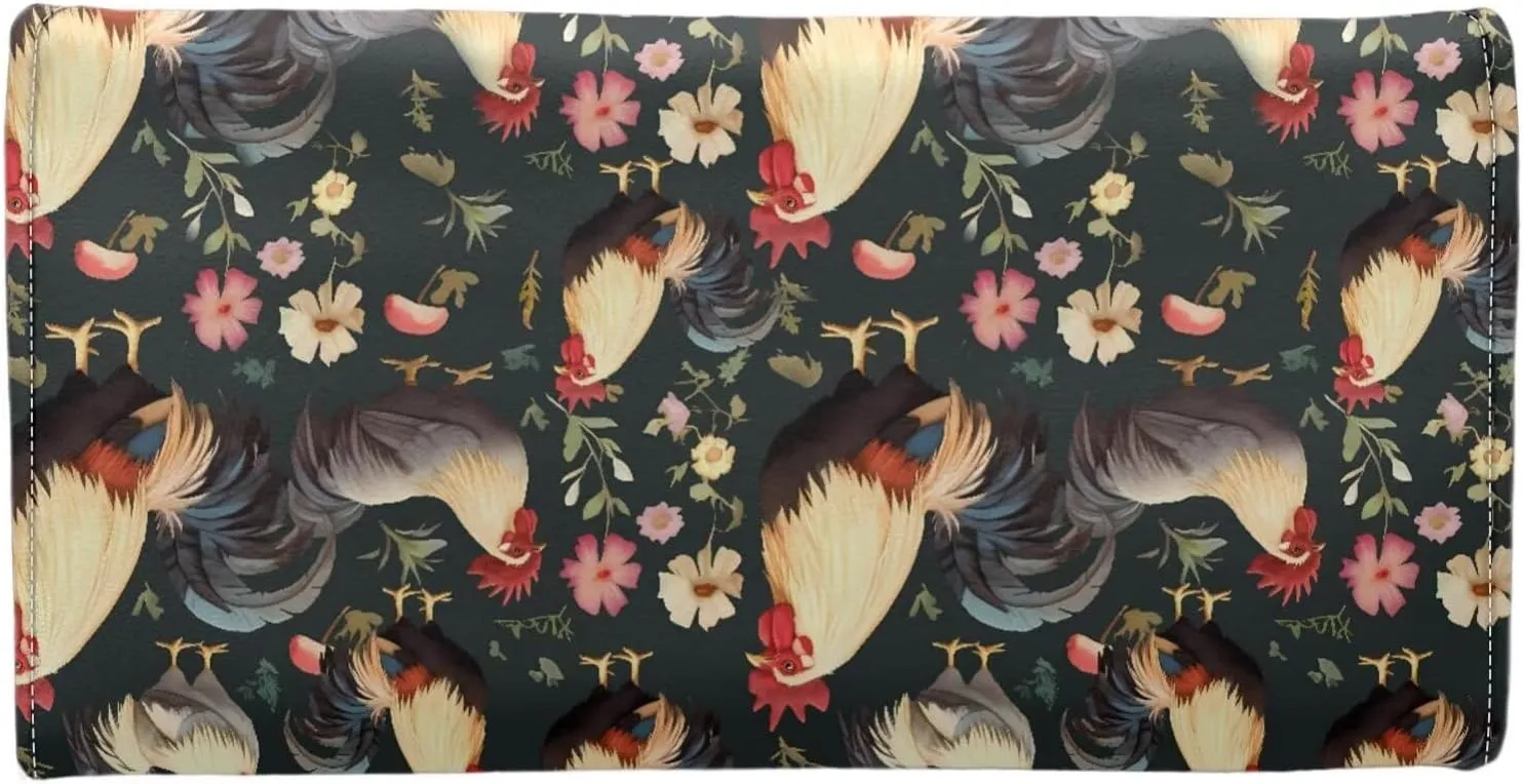 Chicken Rooster Floral Long Wallet for Women PU Leather Slim Billfold Wallets, Countryside Chickens Checkbook Purse Zipper Credit Card Holder Clutch