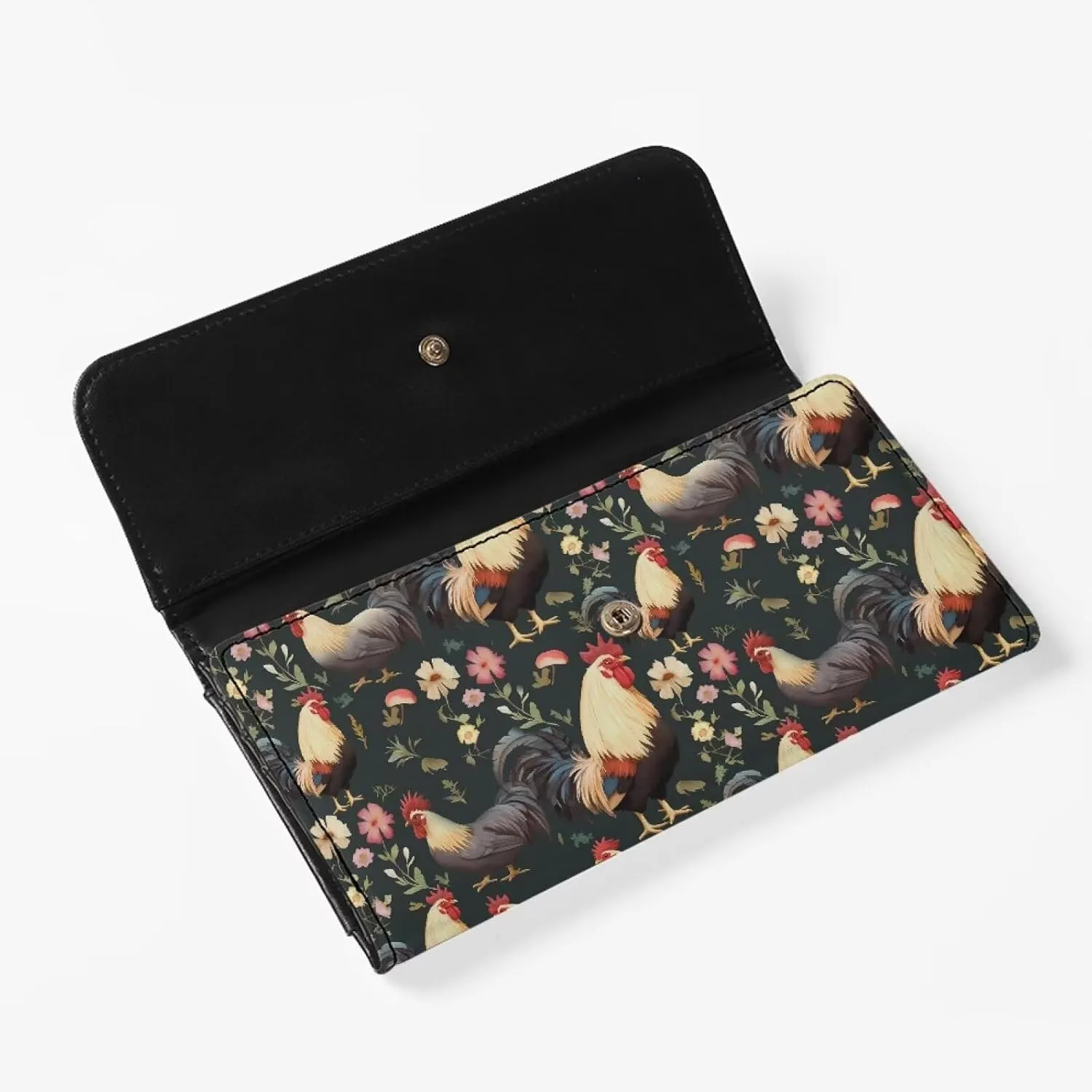 Chicken Rooster Floral Long Wallet for Women PU Leather Slim Billfold Wallets, Countryside Chickens Checkbook Purse Zipper Credit Card Holder Clutch
