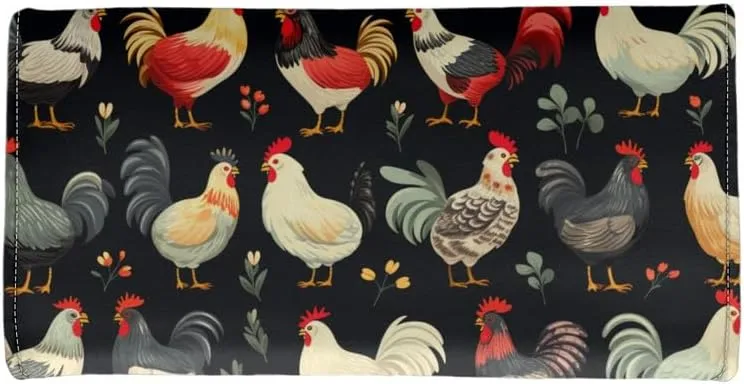 Chicken Rooster Women's PU Leather Three Fold Wallet Long Trifold, Farm Rooster Handcrafted Stitching Credit Card Money Organizer With ID Window Black