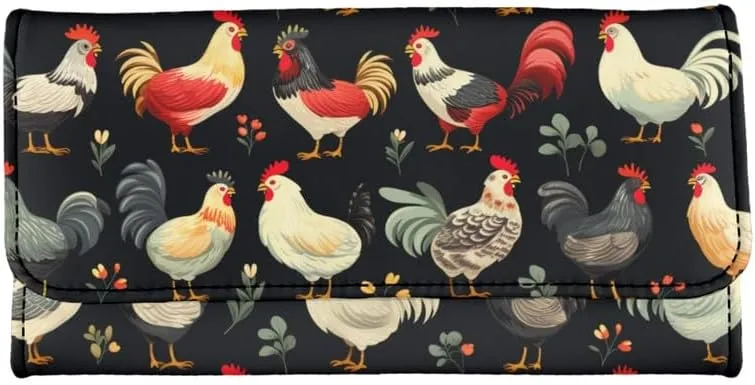 Chicken Rooster Women's PU Leather Three Fold Wallet Long Trifold, Farm Rooster Handcrafted Stitching Credit Card Money Organizer With ID Window Black