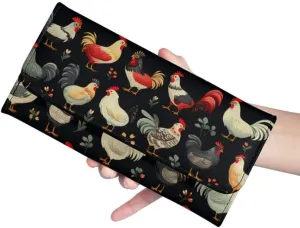 Chicken Rooster Women's PU Leather Three Fold Wallet Long Trifold, Farm Rooster Handcrafted Stitching Credit Card Money Organizer With ID Window Black