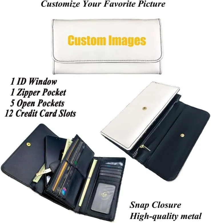 Chicken Rooster Women's PU Leather Three Fold Wallet Long Trifold, Farm Rooster Handcrafted Stitching Credit Card Money Organizer With ID Window Black