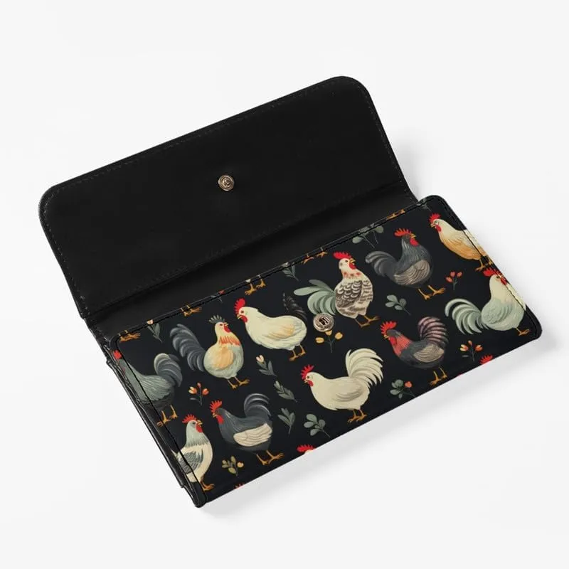 Chicken Rooster Women's PU Leather Three Fold Wallet Long Trifold, Farm Rooster Handcrafted Stitching Credit Card Money Organizer With ID Window Black