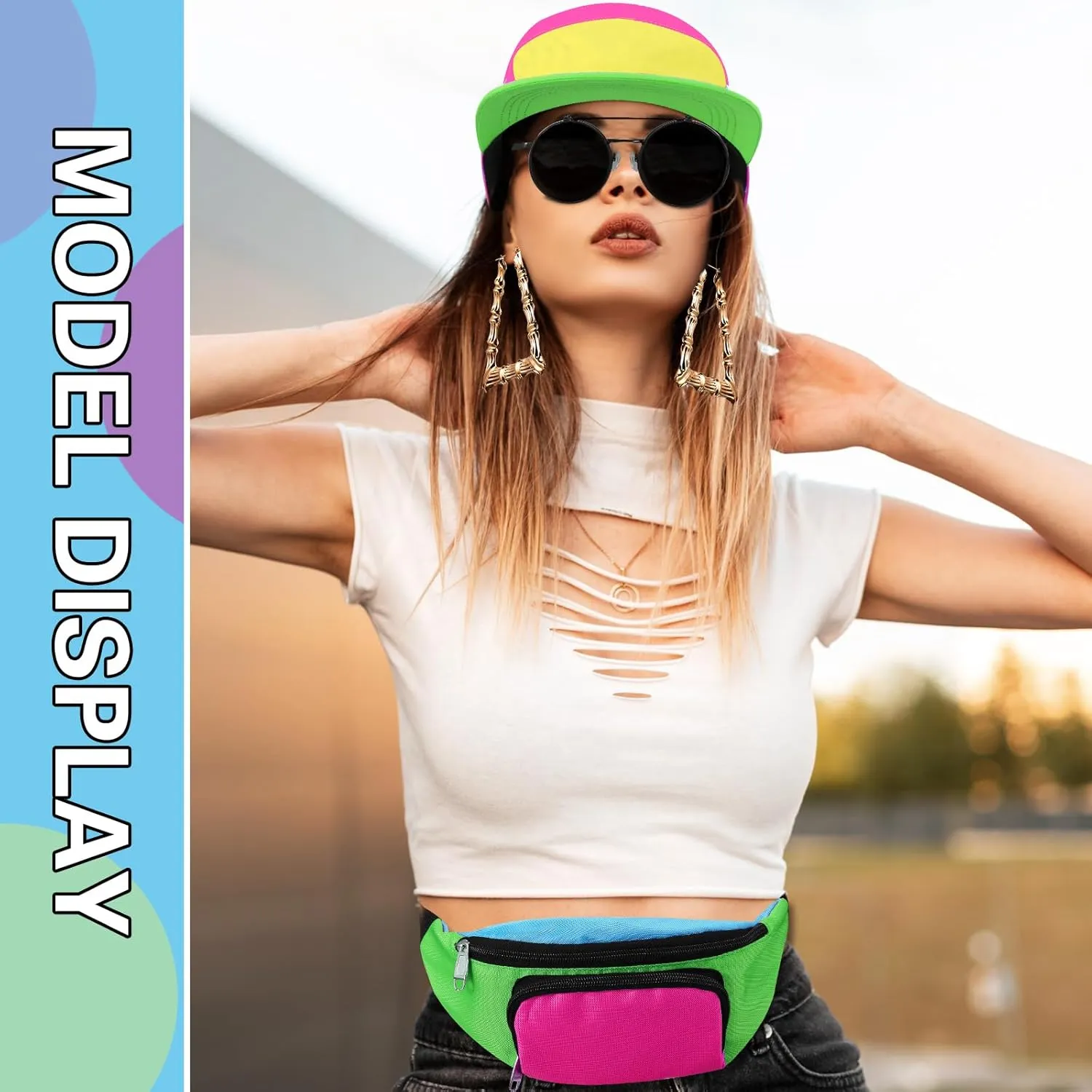 Cindeer 5 Pcs 90s Hip Hop Accessories for Women Men 80s 90s Outfit Neon Fanny Pack Hat Sunglasses Gold Chain Earrings