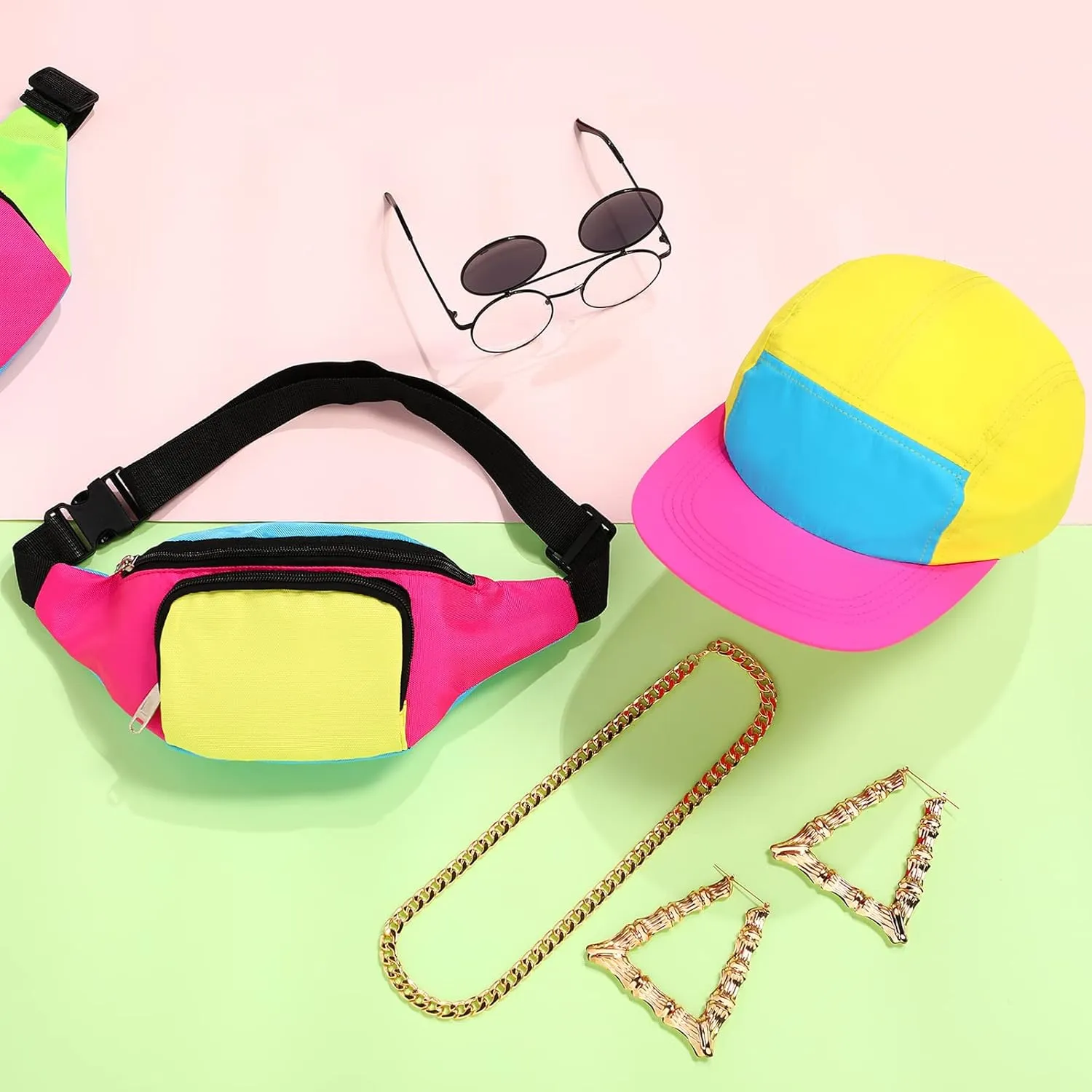 Cindeer 5 Pcs 90s Hip Hop Accessories for Women Men 80s 90s Outfit Neon Fanny Pack Hat Sunglasses Gold Chain Earrings