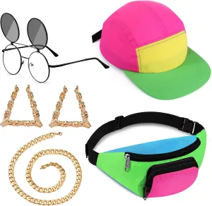Cindeer 5 Pcs 90s Hip Hop Accessories for Women Men 80s 90s Outfit Neon Fanny Pack Hat Sunglasses Gold Chain Earrings