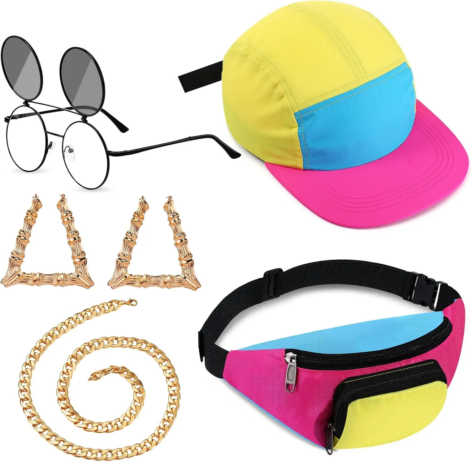 Cindeer 5 Pcs 90s Hip Hop Accessories for Women Men 80s 90s Outfit Neon Fanny Pack Hat Sunglasses Gold Chain Earrings