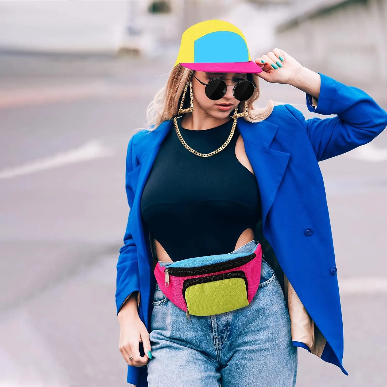 Cindeer 5 Pcs 90s Hip Hop Accessories for Women Men 80s 90s Outfit Neon Fanny Pack Hat Sunglasses Gold Chain Earrings
