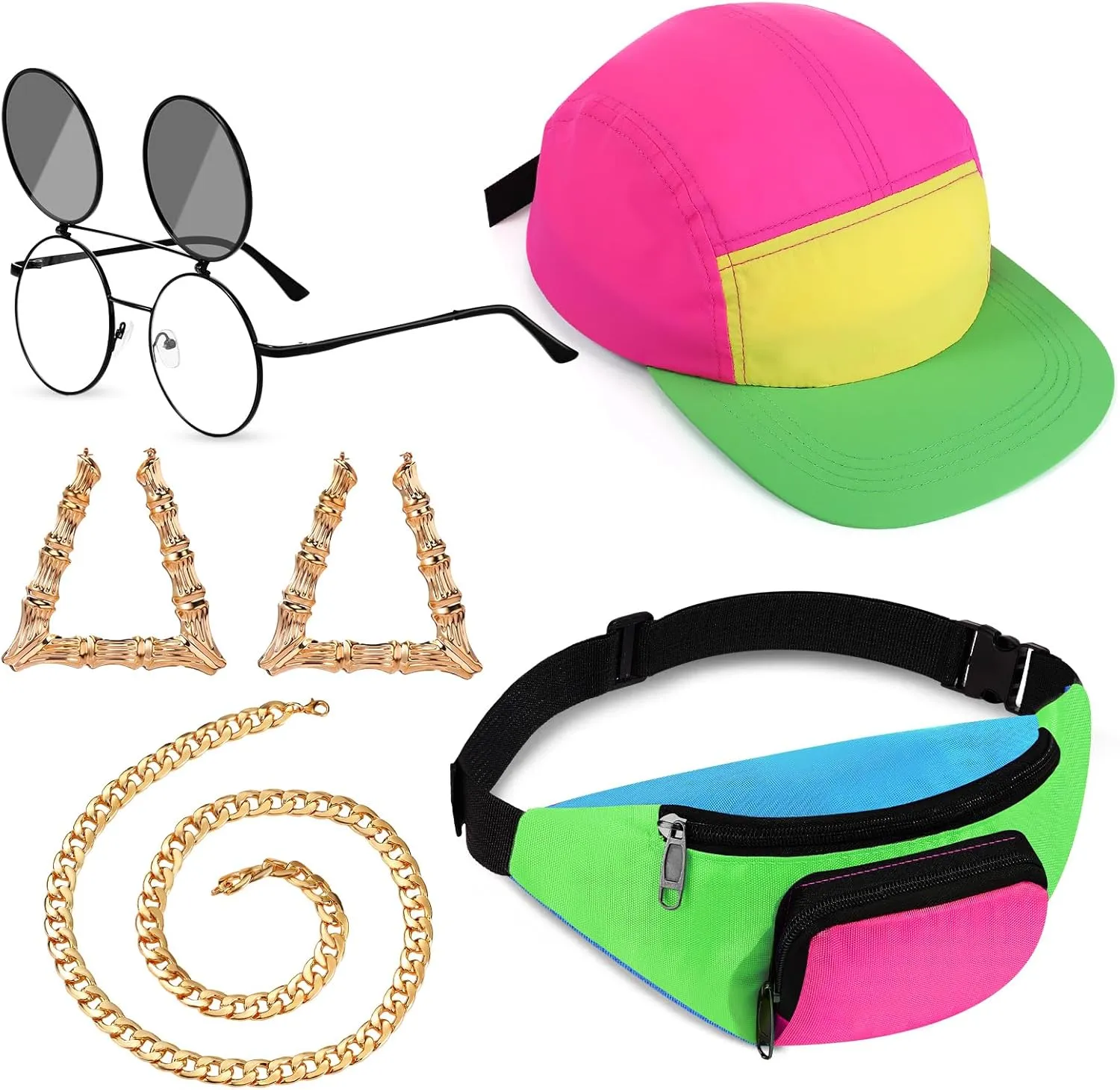 Cindeer 5 Pcs 90s Hip Hop Accessories for Women Men 80s 90s Outfit Neon Fanny Pack Hat Sunglasses Gold Chain Earrings