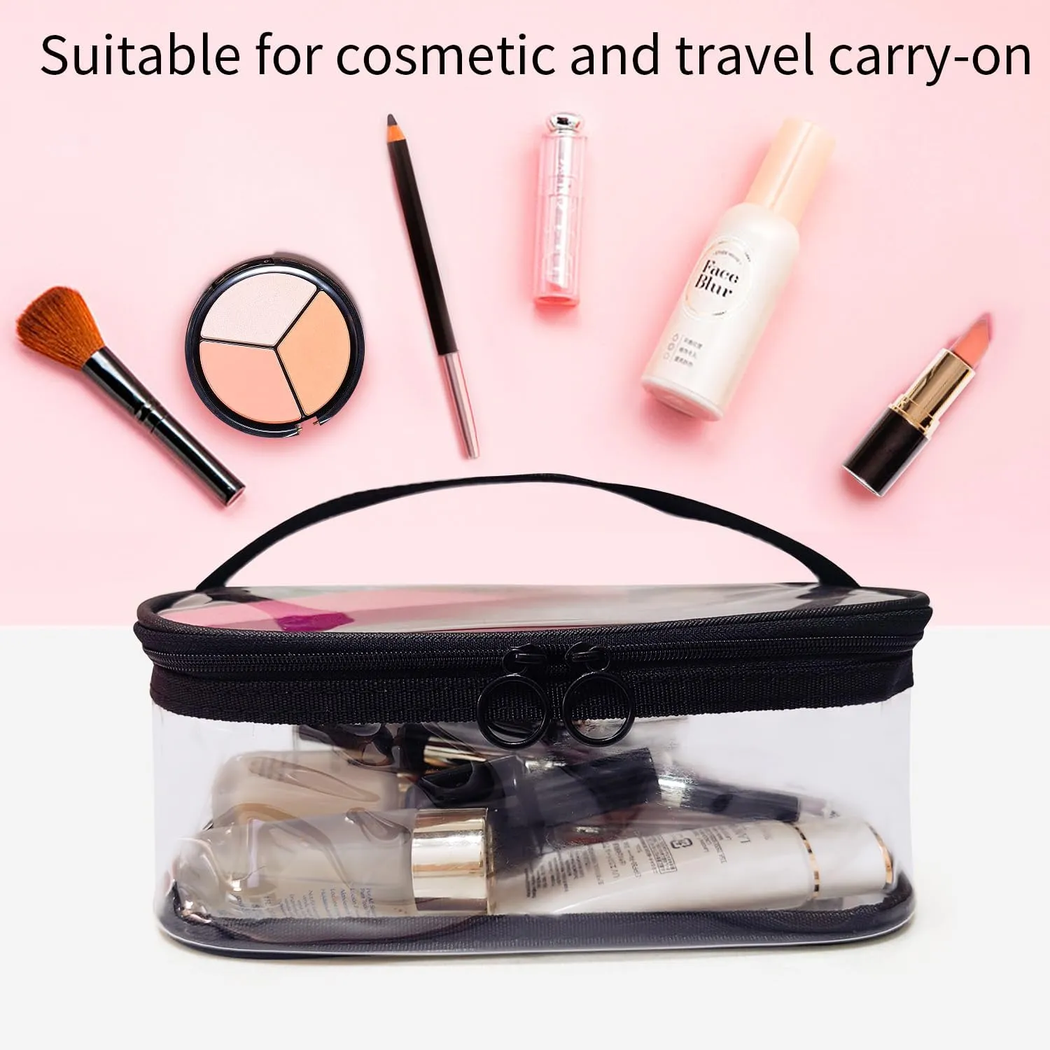 Clear Makeup Bags with Mesh Top，Clear PVC with Zipper Handle Portable Travel Luggage Pouch，TSA Approved Cosmetic Organizer (Black)