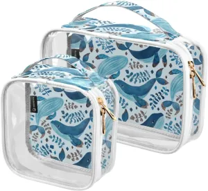 Clear Toiletry Bag, Blue Whales Algae 2 Pack Travel Cosmetic Bag, Waterproof Quart Size Makeup Bags, Carry on Airport Airline Compliant Bag