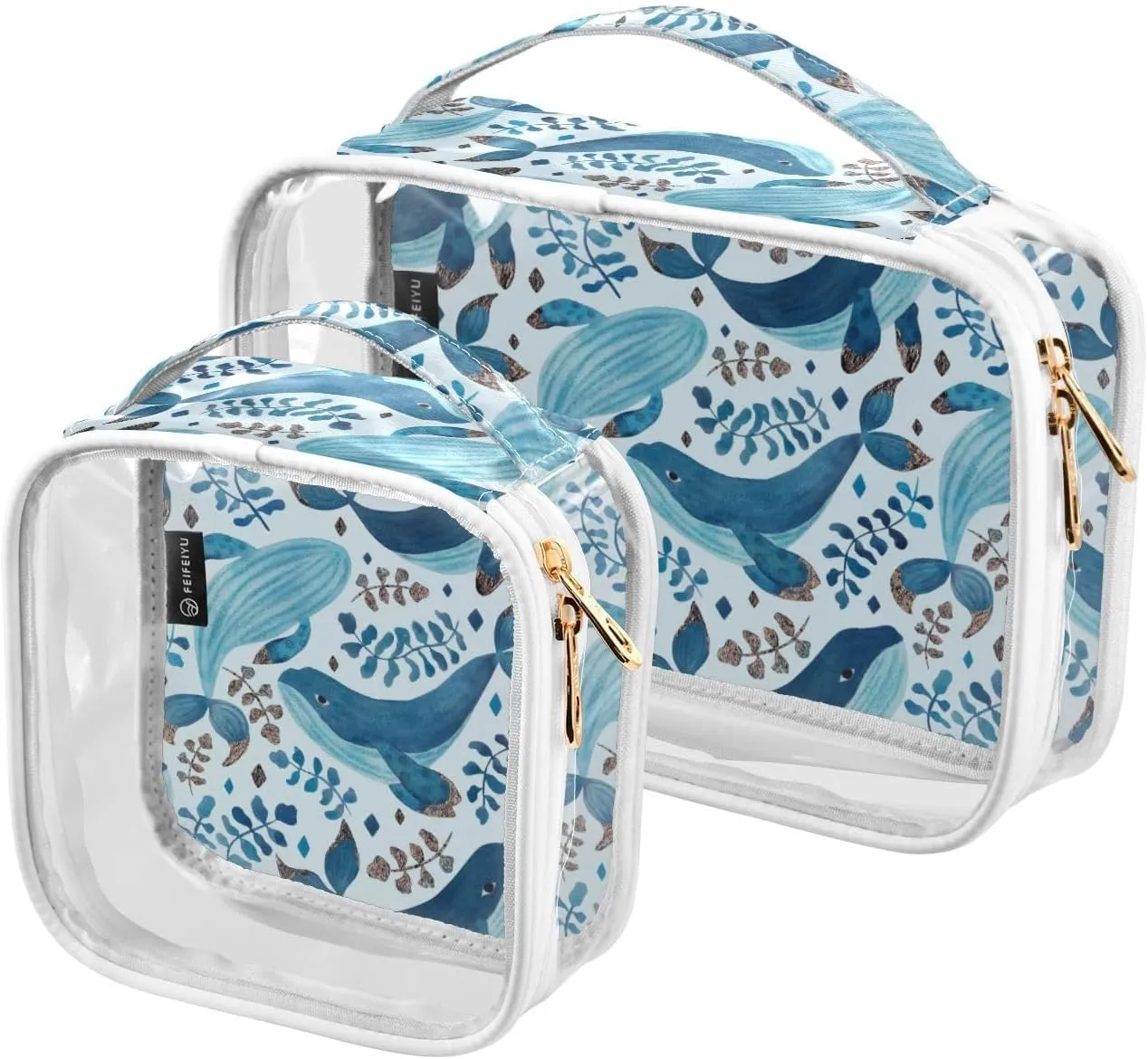 Clear Toiletry Bag, Blue Whales Algae 2 Pack Travel Cosmetic Bag, Waterproof Quart Size Makeup Bags, Carry on Airport Airline Compliant Bag
