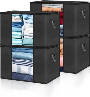 Clothes Storage Bags, Closet Organizers and Storage Containers for Clothes, Bedding & Blankets, Foldable Bedroom Organization Solution with Window, Handles & Zippers - 4 Pack, Black