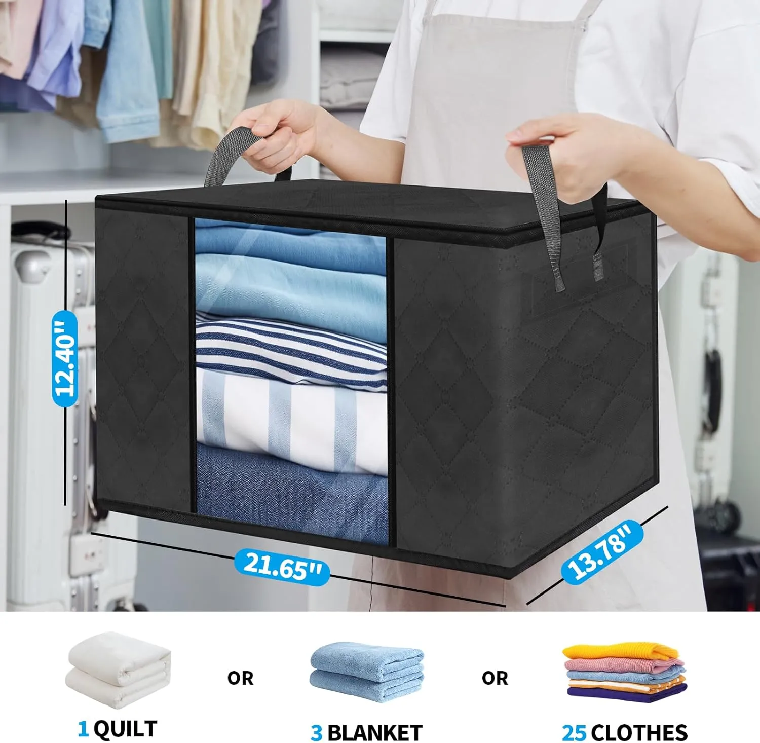 Clothes Storage Bags, Closet Organizers and Storage Containers for Clothes, Bedding & Blankets, Foldable Bedroom Organization Solution with Window, Handles & Zippers - 4 Pack, Black