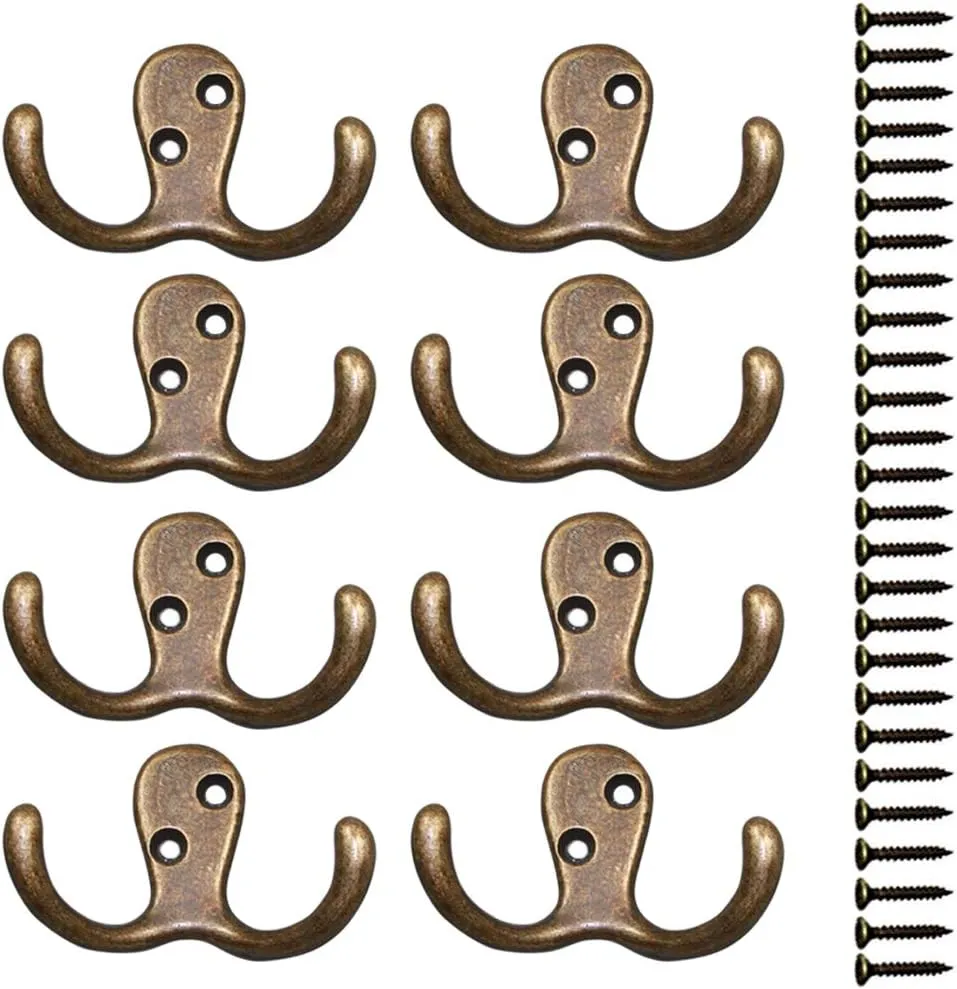 Coat Hooks Double Prong Wall Hanger Mounted with 25 Screws 35 LB Utility Hooks Heavy Duty Towel Hooks Retro Double Hooks for Coat, Scarf, Bag, Towel, Key, Cap, Cup