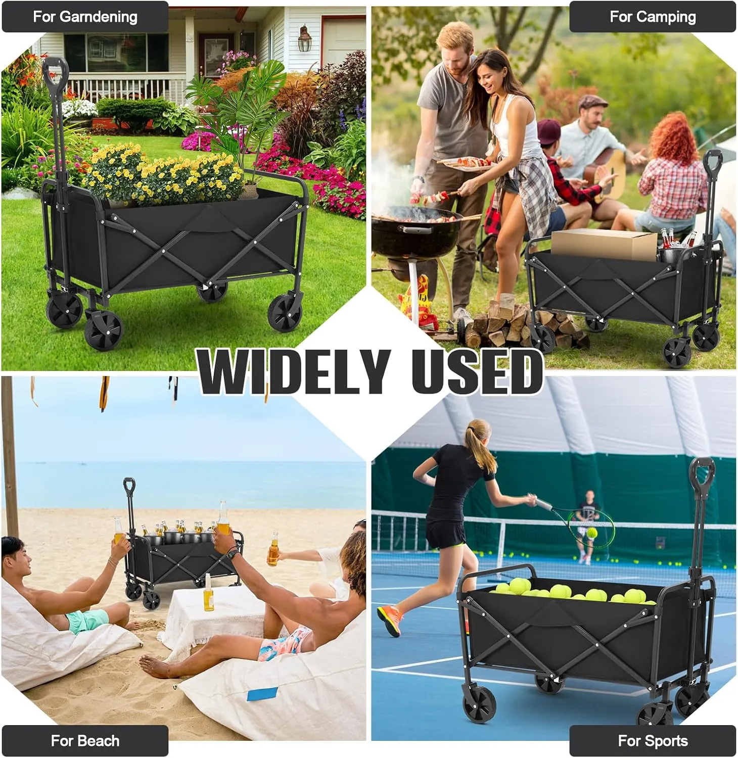 Collapsible Foldable Wagon,Wagons Carts Foldable with Wheels,Utility Grocery Folding Beach Wagon for Sand Garden Sports Shopping Outdoor(Black).
