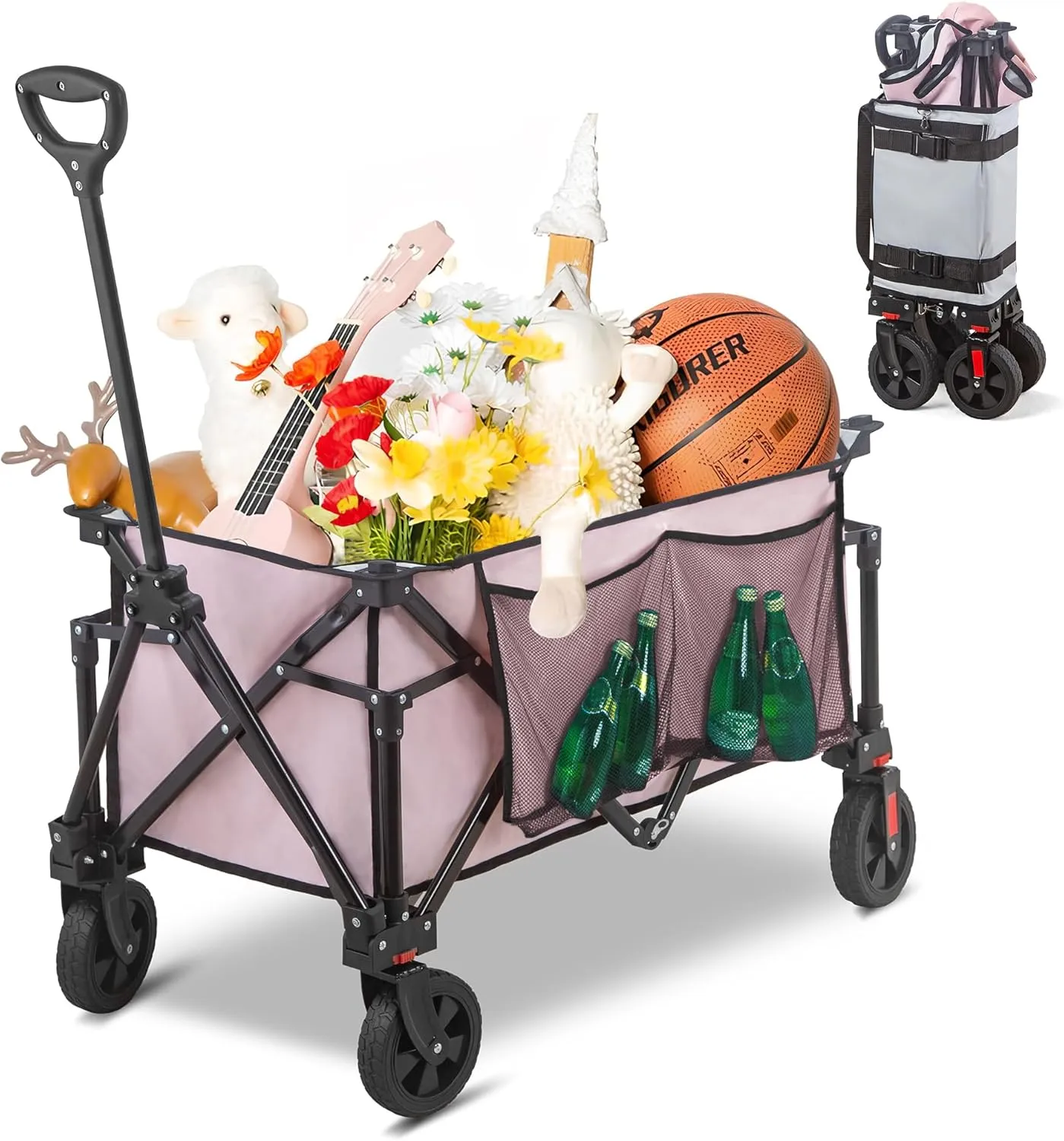 Collapsible Folding Wagon Cart, 220LBS Heavy Duty Foldable Utility Garden Cart with All Terrain Wheels & Side Storage Bag, Portable Sports Wagon for Camping, Shopping, Garden. (Pink)