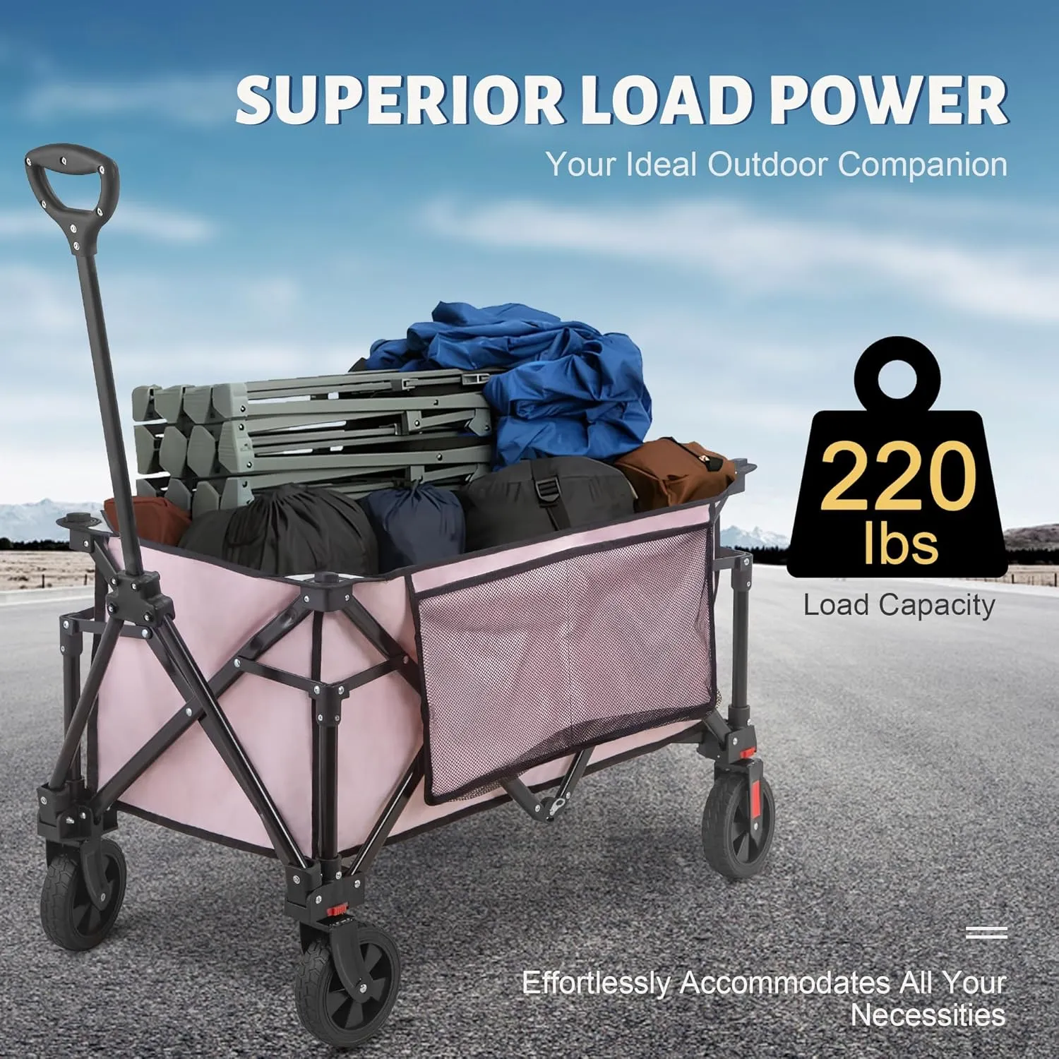 Collapsible Folding Wagon Cart, 220LBS Heavy Duty Foldable Utility Garden Cart with All Terrain Wheels & Side Storage Bag, Portable Sports Wagon for Camping, Shopping, Garden. (Pink)